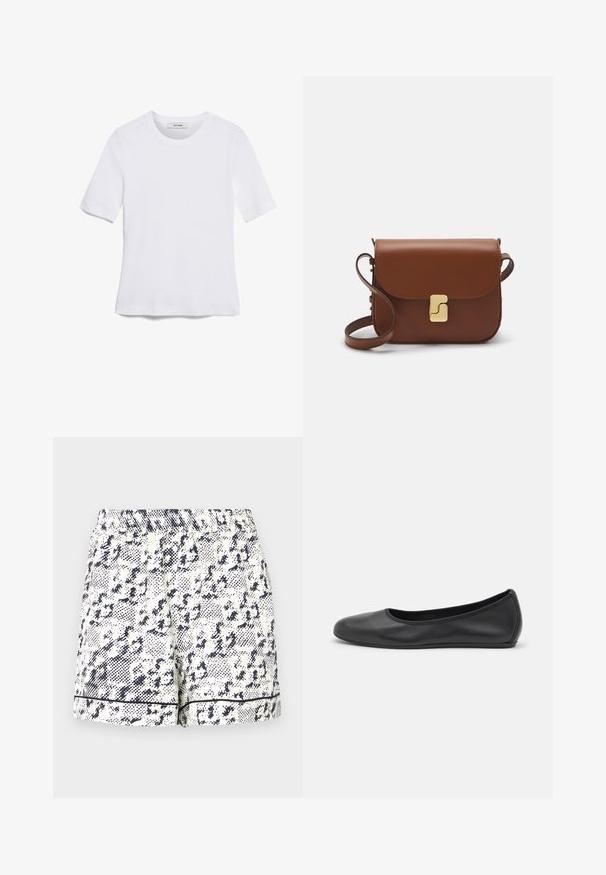 Bela kratka majica s kratkimi rokavi iz rebrastega materiala. Okrogla ovratnica, običajen kroj in subtilni šivi. Brez vzorcev ali grafik.; Beli kratke hlače z črnim abstraktnim vzorcem, elastičnim pasom in enobarvnim črnim robom ob koncu. Narejene iz lahkega materiala.; Črne usnjene balerinke z zaobljenim nosom, gladko teksturo, minimalnimi šivi in fleksibilno zasnovo podplata.; Rjava usnjena torbica s poklopcem, zlato obarvani okovi, naramnica in gladka tekstura. Kompaktna pravokotna oblika.