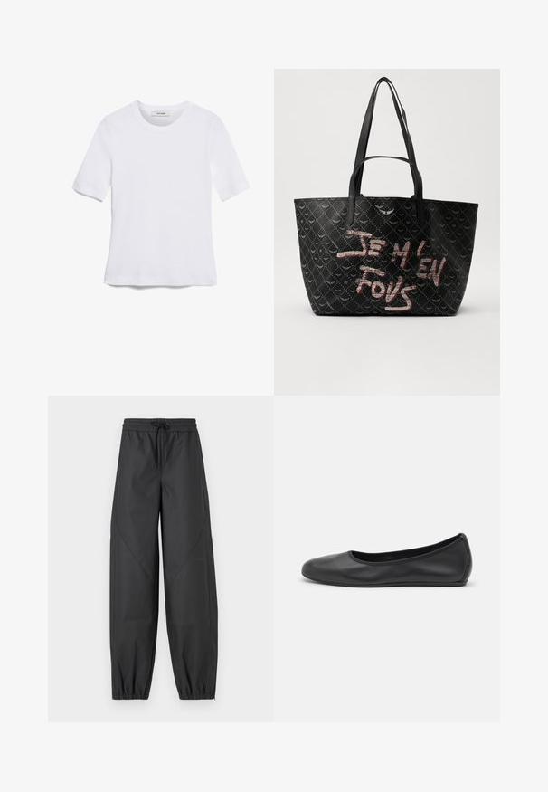 Bela kratka majica s kratkimi rokavi iz rebrastega materiala. Okrogla ovratnica, običajen kroj in subtilni šivi. Brez vzorcev ali grafik.; Črne, ohlapne atletske hlače z elastičnim pasom in vrvico. Imajo zožene manšete in ravne šive za gladek zaključek.; Črne usnjene balerinke z zaobljenim nosom, gladko teksturo, minimalnimi šivi in fleksibilno zasnovo podplata.; Črna torba z ramenskimi trakovi, izdelana iz teksturiranega materiala z diamantom vzorcem, ter drznim rdečim in belim besedilom "JE M'EN FOUS."