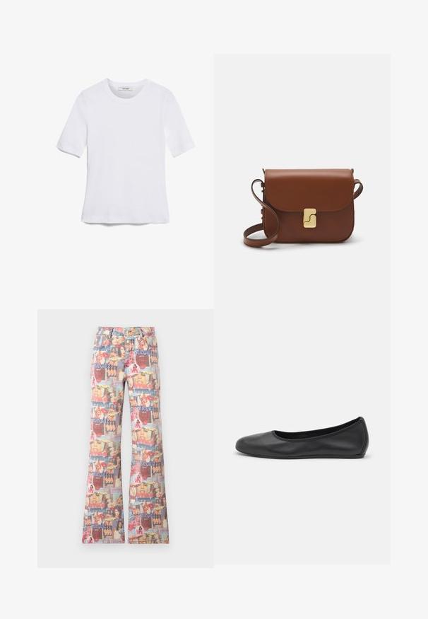 Bijela majica s kratkim rukavima izrađena od rebraste tkanine. Okrugli izrez, klasičan kroj i suptilni detalji šivanja. Bez uzoraka ili grafika.; Izblijedjele traperice s razdvojenim nogavicama, koje imaju kolaž print s licima, usnama i šarenim grafikonima. Zatvaranje na gumbe i dizajn s pet džepova.; Crne kožne baletanke s zaobljenim vrhom, glatke teksture, minimalnim detaljima šavova i fleksibilnim dizajnom potplata.; Smeđa kožna torba s preklopom, zlatnim detaljima, remenom za nošenje preko ramena i glatkom teksturom. Kompaktni pravokutni oblik.