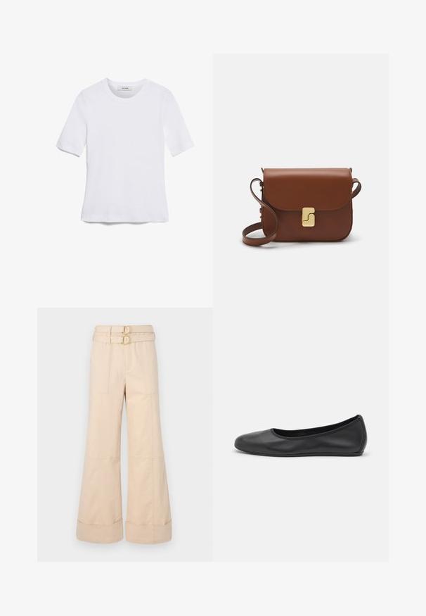 White short-sleeve t-shirt made of ribbed fabric. Round neckline, regular fit, and subtle stitching details. No patterns or graphics.; Beige wide-leg trousers with a high waist, featuring two gold circular buckles and pockets on the front; smooth cotton fabric with rolled cuffs.; Black leather ballet flat with a rounded toe, smooth texture, minimal stitching detail, and a flexible sole design.; Brown leather handbag with a flap closure, gold-tone hardware, a shoulder strap, and a smooth texture. Compact rectangular shape.