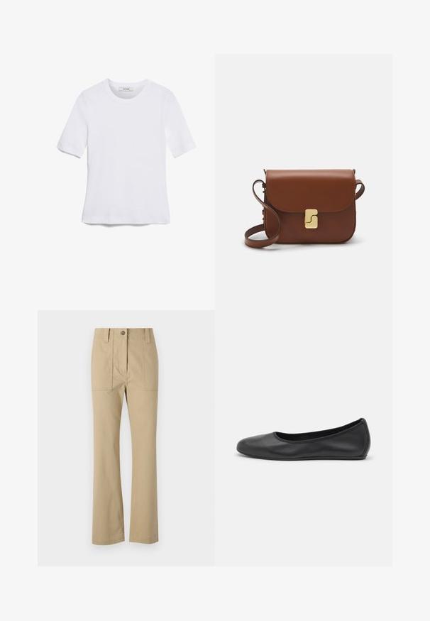 Valge lühikeste varrukatega T-särk ribatud kangast. Ümara kaelusega, tavalisest sobivusest ja peente õmbluse detailidega. Ilma mustrite või graafikateta.; WEEKEND MaxMara OTTOBRE - Chino-püksid - beige; Musthave mustika tantsutossud mustast nahast, ümmarguse varbaga, siledast tekstuurist, minimaalse õmblusdetailiga ja paindliku tallakujundusega.; Pruunist nahast käekott, millel on klapiga sulgur, kuldne riistvara, õlarihm ja sile tekstuur. Kompaktne ristkülikukujuline vorm.