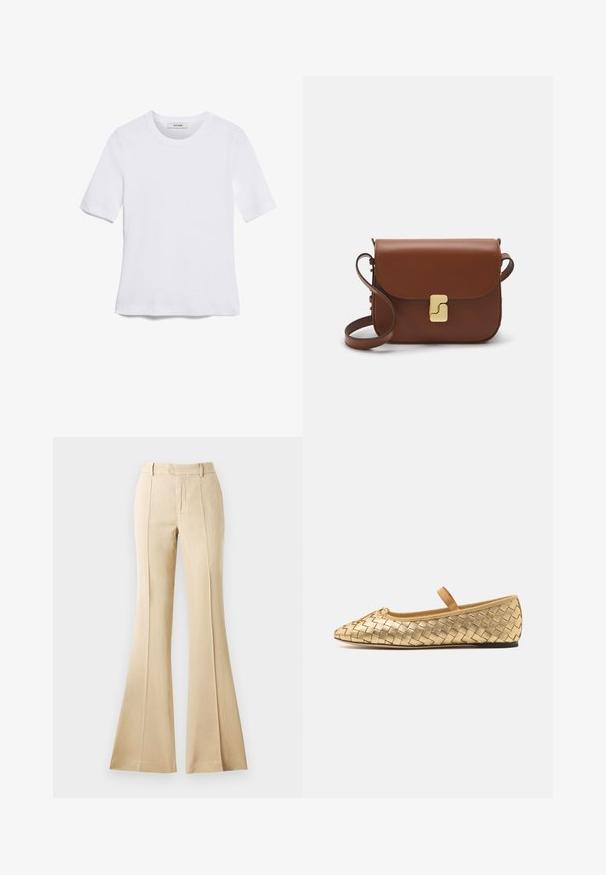 Bela kratka majica s kratkimi rokavi iz rebrastega materiala. Okrogla ovratnica, običajen kroj in subtilni šivi. Brez vzorcev ali grafik.; Bež hlače širokega kroja so narejene iz gladkega materiala, s sprednjimi gubami, visokim pasom in čisto, krojeno silhueto.; Loeffler Randall LEONIE SOFT BALLET FLAT - Balerinke s paščkom - gold; Rjava usnjena torbica s poklopcem, zlato obarvani okovi, naramnica in gladka tekstura. Kompaktna pravokotna oblika.