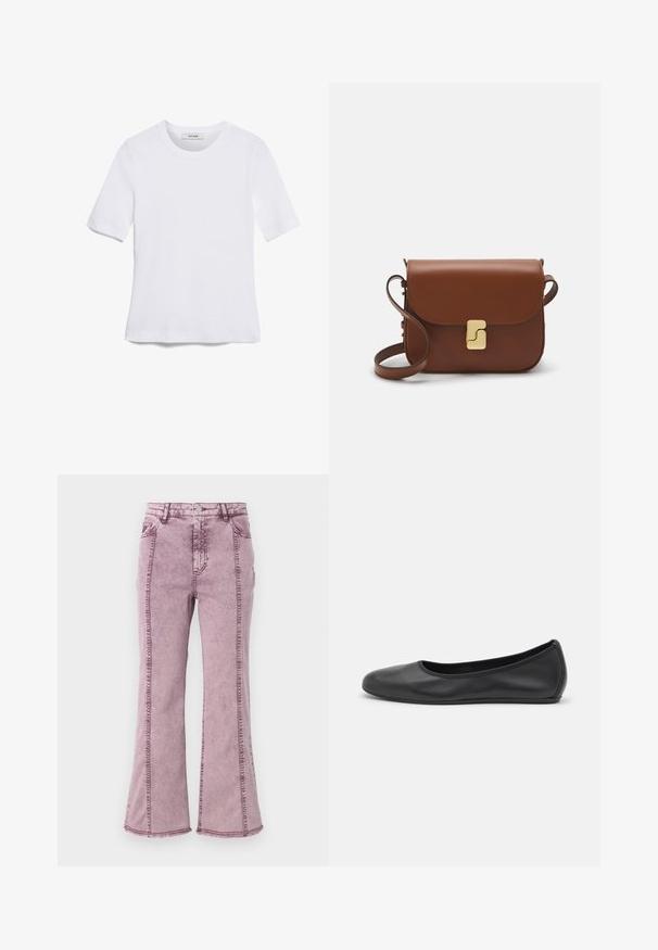 Vit kortärmad t-shirt i ribbat tyg. Rund halsringning, normal passform och diskreta sömdetaljer. Inga mönster eller tryck.; Lila denim flare-jeans med hög midja, med synlig sömnad längs sidorna och rå nederkant.; Svart läderballerinaskor med rund tå, slät yta, minimala söm detaljer och en flexibel sula.; Brun läderhandväska med klaffstängning, guldfärgad hårdvara, axelrem och en slät yta. Kompakt rektangulär form.