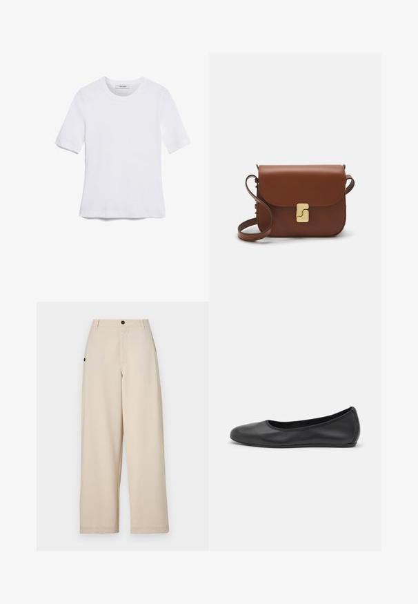 Bela kratka majica s kratkimi rokavi iz rebrastega materiala. Okrogla ovratnica, običajen kroj in subtilni šivi. Brez vzorcev ali grafik.; Beige široke hlače iz mehkega blaga, z gumbom spredaj, stranskimi žepi in sproščenim krojem.; Črne usnjene balerinke z zaobljenim nosom, gladko teksturo, minimalnimi šivi in fleksibilno zasnovo podplata.; Rjava usnjena torbica s poklopcem, zlato obarvani okovi, naramnica in gladka tekstura. Kompaktna pravokotna oblika.