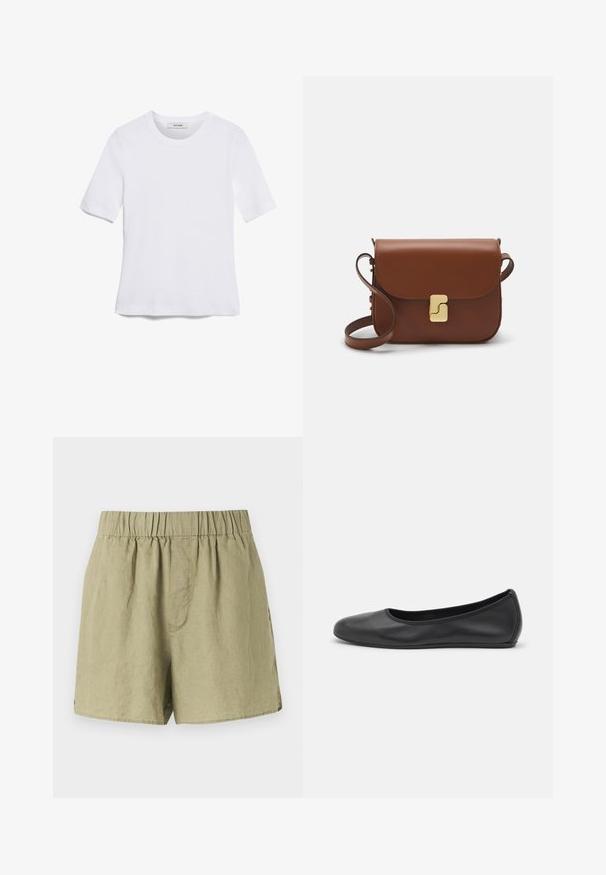 Balta trumpa rankovėmis marškinėliai, pagaminti iš pasiruošusio audinio. Apvali iškirptė, reguliari tinkamumas ir subtilūs siuvimo detalės. Be raštų ar grafikos.; Šviesiai žali lininiai šortai su elastinga juosta, šoninėmis kišenėmis ir laisvu siluetu. Audinys yra glotnus, šiek tiek tekstūruotas.; Juodai odiniai baletai su apvaliu pirštu, lygi texture, minimalus siuvimo detales ir lanksčiu padų dizainu.; Ruda odinė rankinė su uždaromu dangteliu, aukso spalvos detalėmis, petneša ir lygiu paviršiumi. Kompaktiška stačiakampio formos.