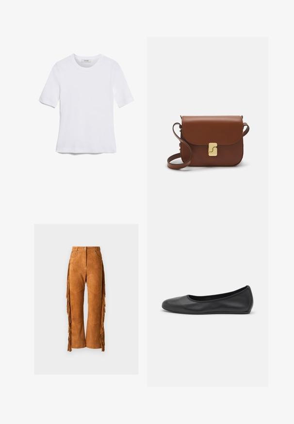Weißes kurzärmliges T-Shirt aus geripptem Stoff. Runder Halsausschnitt, normale Passform und dezente Nähte. Keine Muster oder Grafiken.; Braune Wildlederhosen mit langen Fransen entlang der Seiten, einem weiten Beindesign und vorderen Taschen mit abgesteppten Akzenten.; Schwarze Leder-Ballettschuhe mit abgerundeter Spitze, glatter Textur, minimalen Nähdetails und einem flexiblen Sohlen-Design.; Braune Ledertasche mit Klappenverschluss, Beschlägen in Goldfarbe, einem Schultergurt und einer glatten Oberfläche. Kompakte rechteckige Form.