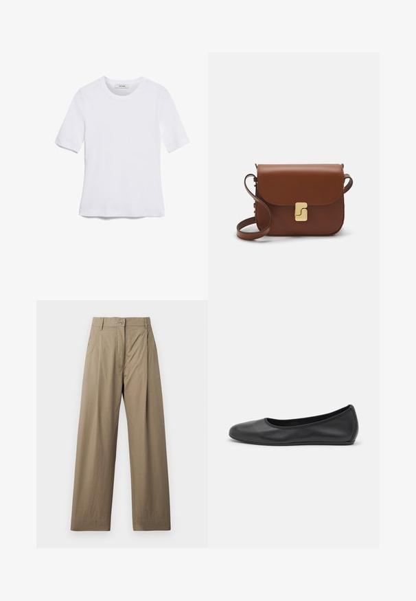 T-shirt blanc à manches courtes en tissu côtelé. Col rond, coupe régulière et détails de couture subtils. Aucune motif ni graphique.; Pantalons larges couleur khaki en mélange de coton, dotés d'une fermeture à bouton, de poches latérales et d'une texture lisse avec un léger éclat.; Ballerines en cuir noir avec un bout rond, texture lisse, détails de couture minimalistes et design de semelle flexible.; Sac à main en cuir marron avec une fermeture à rabat, des accents en métal doré, une bandoulière et une texture lisse. Forme rectangulaire compacte.