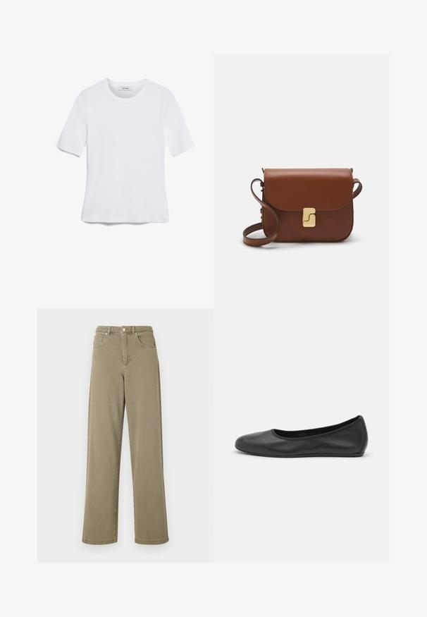 Hvid kortærmet t-shirt lavet af ribbet stof. Rund halsudskæring, almindelig pasform og subtile syninger. Ingen mønstre eller grafik.; Olivengrønne brede jeans lavet af denim, med høj talje, fem lommer og subtile syninger.; Sort læderballetsko med rund tå, glat tekstur, minimal syning og et fleksibelt såldesign.; Brun læder håndtaske med flaplukning, hardware i gyldent tone, en skulderrem og en glat overflade. Kompakt rektangulær form.