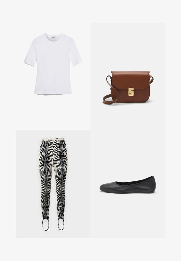 Witte korte mouwen t-shirt van ribstof. Ronde halslijn, normale pasvorm en subtiele stiksels. Geen patronen of grafische elementen.; Zebra-print leggings met een zwart en beige kleurenschema, rekbaar materiaal, hoge tailleband en voetopeningen met banden.; Zwarte leren ballerina met een ronde neus, gladde textuur, minimale stikdetails en een flexibele zoolontwerp.; Bruine leren handtas met een klep sluiting, gouden hardware, een schouderband en een gladde textuur. Compact rechthoekige vorm.