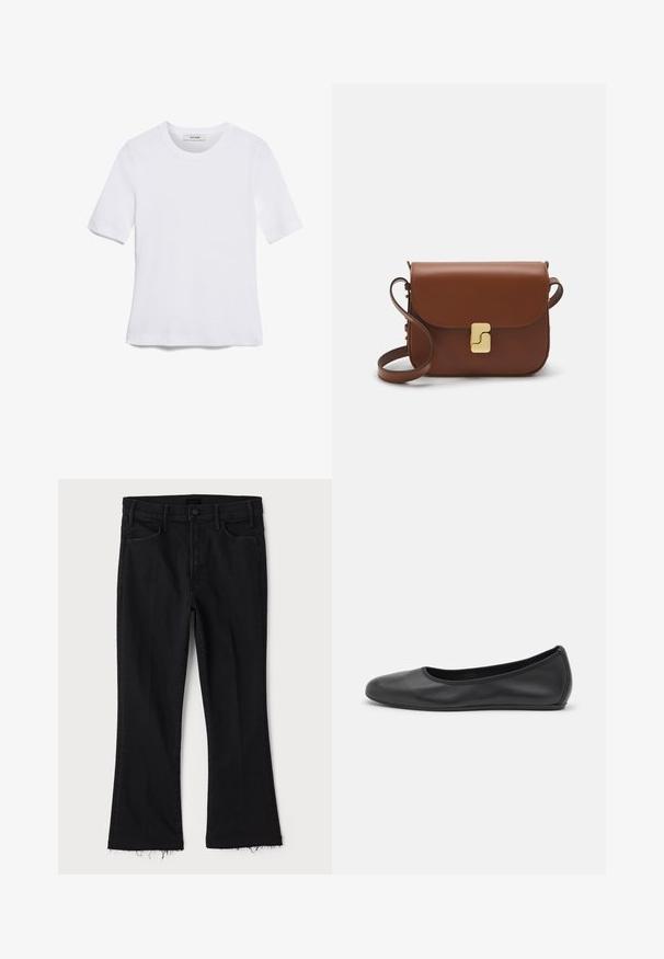 Balta īsām piedurknēm T-krekls, izgatavots no ribota auduma. Apaļš izgriezums, regulāra piegriezuma un diskrēti šuvumu detaļas. Bez printiem vai grafikām.; Mother LIL HUSTLER FRAY - Bootcut piegriezuma džinsi - black denim; Melna ādas baleta kurpe ar noapaļotu purngalu, gludu tekstūru, minimālu šuvju detalizāciju un elastīgu zoles dizainu.; Bordo ādas rokas soma ar atloku, zeltītām detaļām, plecu siksnu un gludu virsmu. Kompakta, taisnstūrveida forma.