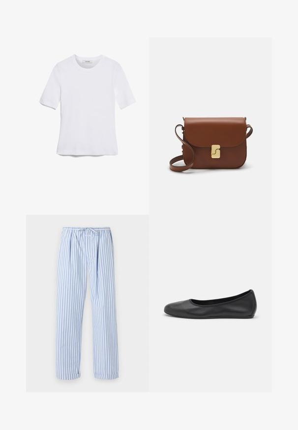 T-shirt blanc à manches courtes en tissu côtelé. Col rond, coupe régulière et détails de couture subtils. Aucune motif ni graphique.; Pantalons de pyjama rayés bleu clair et blancs avec taille à cordon, présentant une coupe décontractée et des ourlets roulés. Fabriqués en tissu léger et doux.; Ballerines en cuir noir avec un bout rond, texture lisse, détails de couture minimalistes et design de semelle flexible.; Sac à main en cuir marron avec une fermeture à rabat, des accents en métal doré, une bandoulière et une texture lisse. Forme rectangulaire compacte.