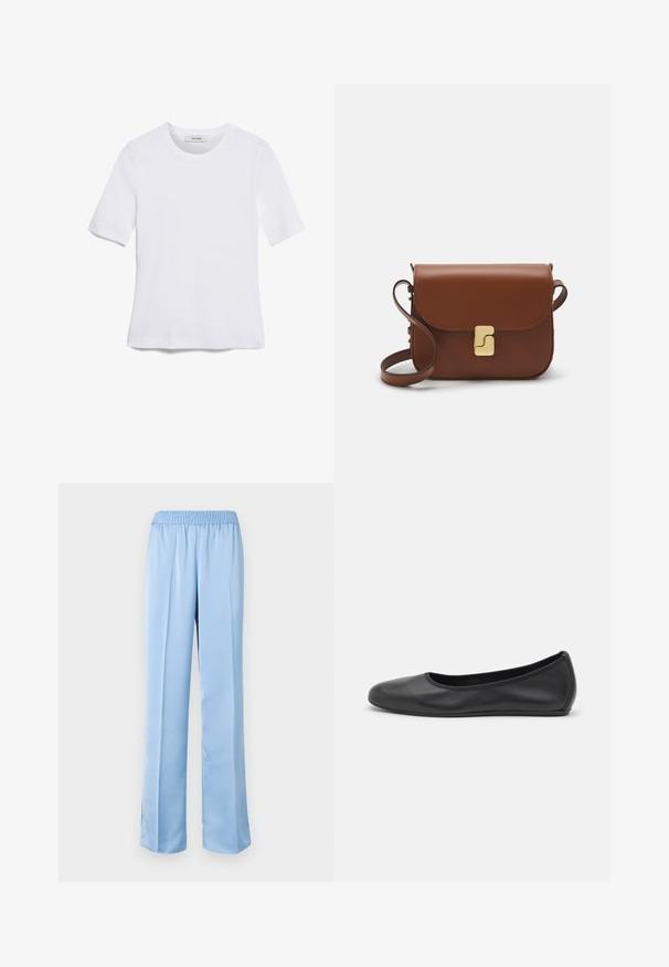 Biela krátka tričko s krátkymi rukávmi vyrobené z rebrovanej látky. Klasický okrúhly výstrih, bežný strih a jemné švy. Bez vzorov alebo grafiky.; Svetlomodré, široké nohavice s elastickým pásom. Hladká textúra, jednoduchý dizajn a mierne rozšírený lem so bočnými rozparkami na spodnej časti.; Čierne kožené baleríny s okrúhlou špičkou, hladkým povrchom, minimálnym prešívaním a flexibilným dizajnom podrážky.; Hnedá kožená kabelka s klopou, zlatými kovovými prvkami, ramenným popruhom a hladkým povrchom. Kompaktný obdĺžnikový tvar.