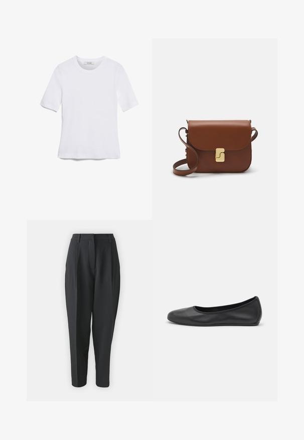 Vit kortärmad t-shirt i ribbat tyg. Rund halsringning, normal passform och diskreta sömdetaljer. Inga mönster eller tryck.; Svarta skräddarsydda byxor med hög midja, veck och smalnade ben. Släta tyg utan synliga mönster eller dekorationer.; Svart läderballerinaskor med rund tå, slät yta, minimala söm detaljer och en flexibel sula.; Brun läderhandväska med klaffstängning, guldfärgad hårdvara, axelrem och en slät yta. Kompakt rektangulär form.