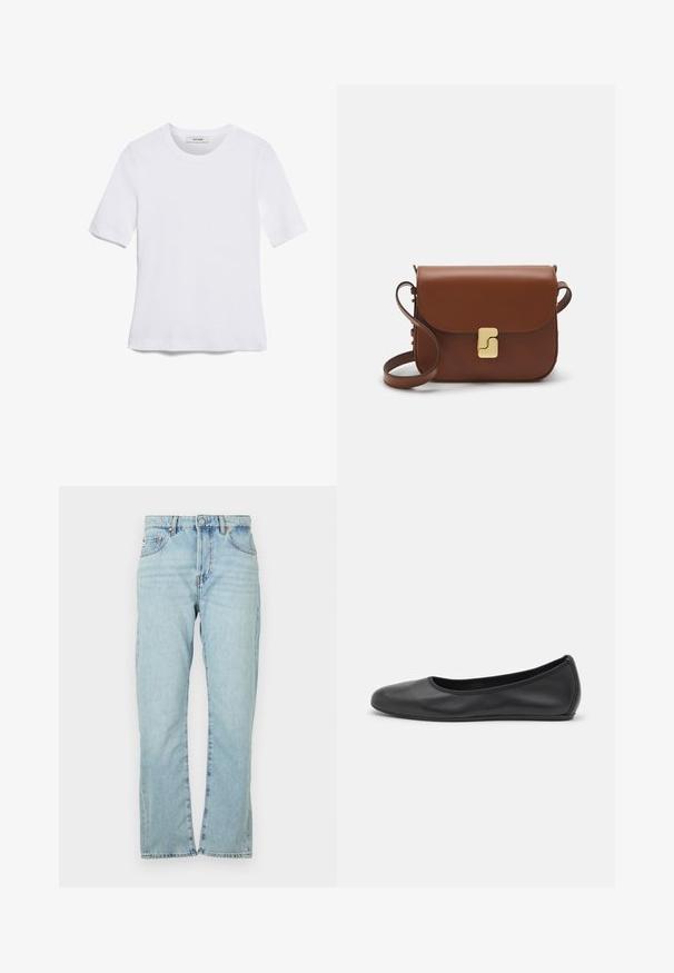 Balta īsām piedurknēm T-krekls, izgatavots no ribota auduma. Apaļš izgriezums, regulāra piegriezuma un diskrēti šuvumu detaļas. Bez printiem vai grafikām.; Gai zila džinsu bikses ar taisnu kāju dizainu. Ievērojami pieci kabatas, metāla pogas aizdare un nedaudz izbalējusi tekstūra.; Melna ādas baleta kurpe ar noapaļotu purngalu, gludu tekstūru, minimālu šuvju detalizāciju un elastīgu zoles dizainu.; Bordo ādas rokas soma ar atloku, zeltītām detaļām, plecu siksnu un gludu virsmu. Kompakta, taisnstūrveida forma.