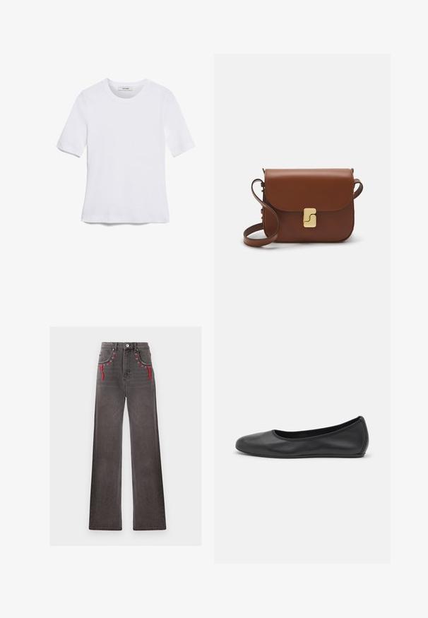 Bela kratka majica s kratkimi rokavi iz rebrastega materiala. Okrogla ovratnica, običajen kroj in subtilni šivi. Brez vzorcev ali grafik.; Široke, visoko pasne kavbojke iz zbledelega črnega teksasa, z rdečimi vezalkami in kovinskimi okovji na sprednjih žepih. Imajo klasično gumb in zadrgo.; Črne usnjene balerinke z zaobljenim nosom, gladko teksturo, minimalnimi šivi in fleksibilno zasnovo podplata.; Rjava usnjena torbica s poklopcem, zlato obarvani okovi, naramnica in gladka tekstura. Kompaktna pravokotna oblika.