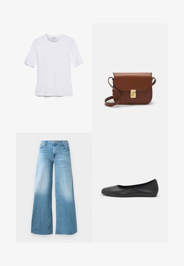T-shirt de manga curta branca feita de tecido canelado. Decote redondo, ajuste regular e detalhes de costura subtis. Sem padrões ou gráficos.; Jeans de ganga largos de tom azul claro com cintura alta, botão frontal e estilo de cinco bolsos.; Bailarina preta em pele com bico arredondado, textura suave, detalhe de costura minimalista e design de sola flexível.; Bolsa de couro castanho com fecho de aba, decoração em tom dourado, alça de ombro e textura suave. Formato retangular compacto.