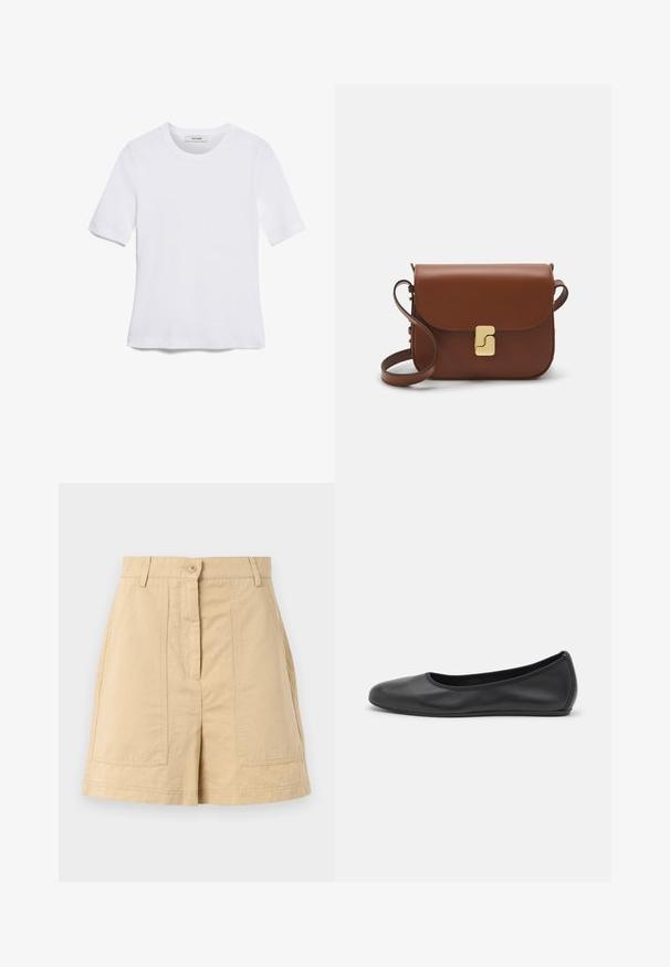 T-shirt bianca a maniche corte realizzata in tessuto a costine. Collo rotondo, vestibilità regolare e dettagli di cucitura sottili. Senza motivi o grafiche.; Pantaloni corti beige in cotone con vita alta, chiusura con bottone frontale, passanti per cintura e due tasche a toppa anteriori. Texture liscia e design su misura.; Pantofole da balletto nere in pelle con punta arrotondata, texture liscia, dettagli di cucitura minimi e design con suola flessibile.; Borsa a tracolla in pelle marrone con chiusura a pattina, hardware color oro, tracolla e una finitura liscia. Forma rettangolare compatta.
