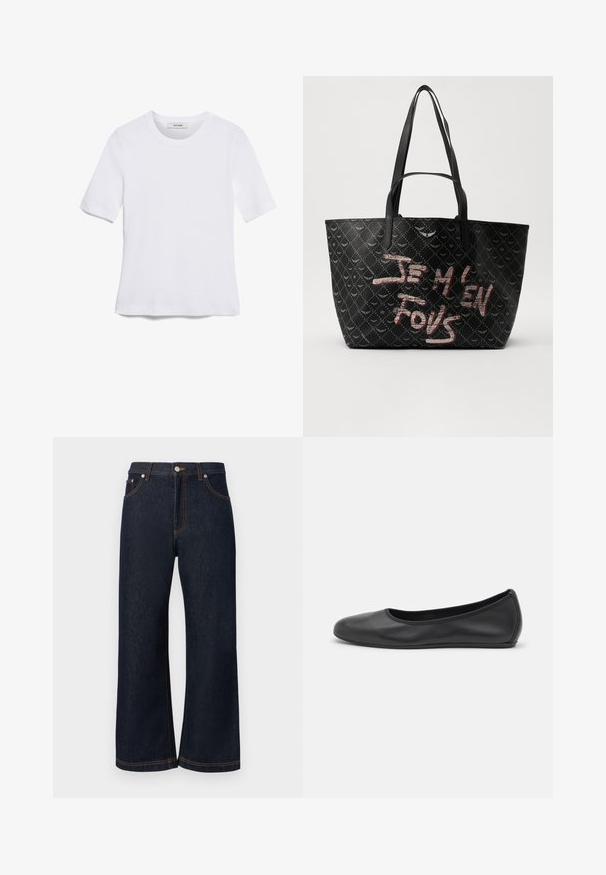 Balta trumpa rankovėmis marškinėliai, pagaminti iš pasiruošusio audinio. Apvali iškirptė, reguliari tinkamumas ir subtilūs siuvimo detalės. Be raštų ar grafikos.; Tamsiai skalbti džinsai su plačiu šlaunų kirpimu, su oranžinėmis siūlėmis ir priekiniais sagų užsegimais. Nėra matomų dėvėjimosi ženklų ar raštų.; Juodai odiniai baletai su apvaliu pirštu, lygi texture, minimalus siuvimo detales ir lanksčiu padų dizainu.; Juodas tote krepšys su tekstūruotu paviršiumi, turintis deimanto raštą, petines diržes ir ryškiai raudonai baltą tekstą „JE M'EN FOUS.“