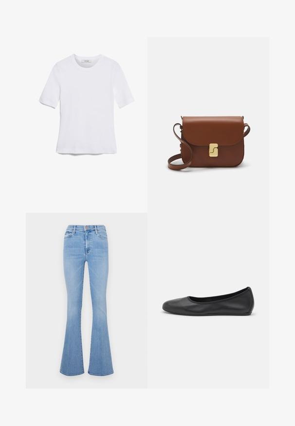 Witte korte mouwen t-shirt van ribstof. Ronde halslijn, normale pasvorm en subtiele stiksels. Geen patronen of grafische elementen.; Lichtblauwe flare jeans met een hoge taille, gemaakt van denimstof, met voorzakken en een subtiele vervaagde textuur.; Zwarte leren ballerina met een ronde neus, gladde textuur, minimale stikdetails en een flexibele zoolontwerp.; Bruine leren handtas met een klep sluiting, gouden hardware, een schouderband en een gladde textuur. Compact rechthoekige vorm.