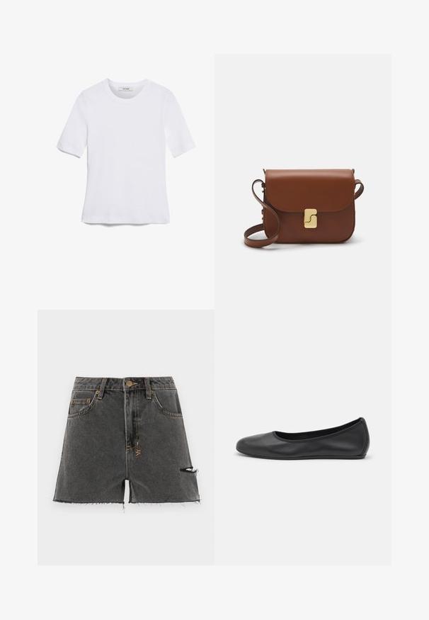 Balta īsām piedurknēm T-krekls, izgatavots no ribota auduma. Apaļš izgriezums, regulāra piegriezuma un diskrēti šuvumu detaļas. Bez printiem vai grafikām.; Tums džinsu šorti tumši pelēkā krāsā ar saplēstu malu, nolietotiem sīkumiem un kontrastējošiem dzelteniem diegiem. Iekļauj tradicionālos kabatas un priekšējo pogu.; Melna ādas baleta kurpe ar noapaļotu purngalu, gludu tekstūru, minimālu šuvju detalizāciju un elastīgu zoles dizainu.; Bordo ādas rokas soma ar atloku, zeltītām detaļām, plecu siksnu un gludu virsmu. Kompakta, taisnstūrveida forma.
