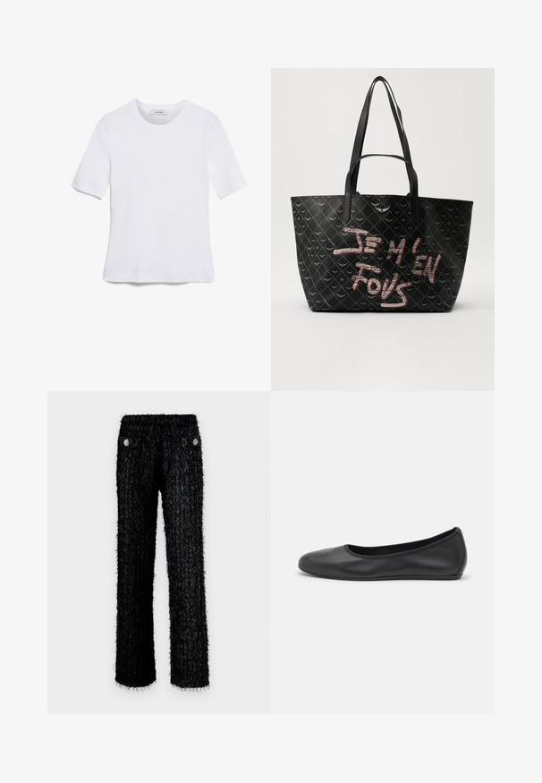 Biela krátka tričko s krátkymi rukávmi vyrobené z rebrovanej látky. Klasický okrúhly výstrih, bežný strih a jemné švy. Bez vzorov alebo grafiky.; Čierne nadýchané nohavice s textúrovaným dizajnom, s vysokým pásom a dvoma prednými vreckami ozdobenými guľatými kvetinovými výšivkami.; Čierne kožené baleríny s okrúhlou špičkou, hladkým povrchom, minimálnym prešívaním a flexibilným dizajnom podrážky.; Čierna taška cez rameno s textúrovaným materiálom a diamantovým vzorom, ramenné popruhy a výrazný červený a biely text s nápisom "JE M'EN FOUS."
