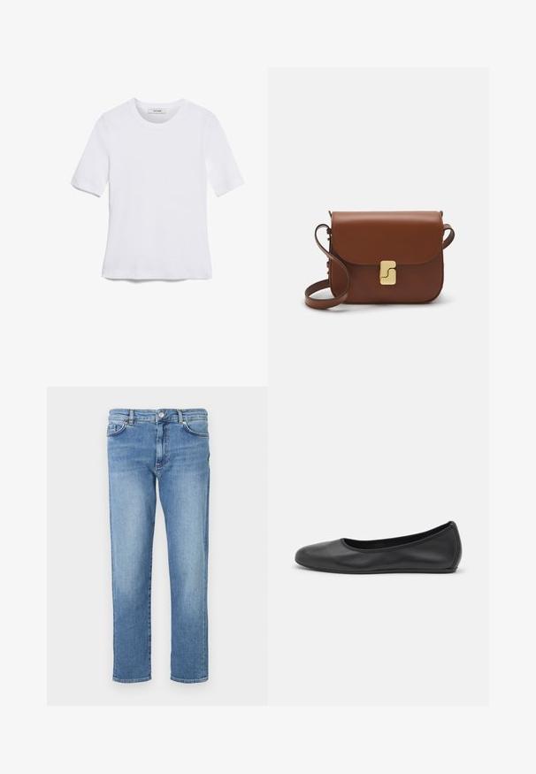 Tricou alb cu mânecă scurtă, confectionat dintr-un material texturat. Gât rotund, tăietură regulară și detalii subtile de cusătură. Fără modele sau grafice.; Jeans din denim bleu deschis, cu o croială dreaptă, design cu cinci buzunare, bucle pentru Curea și închidere cu buton metalic. Textură netedă, fără modele vizibile.; Balerini din piele neagră, cu vârf rotund, textură netedă, detalii de cusătură minimale și un design al tălpii flexibil.; Geantă de piele maro cu închidere tip capac, accesorii de culoare aurie, curea de umăr și o textură netedă. Formă compactă și rectangulară.