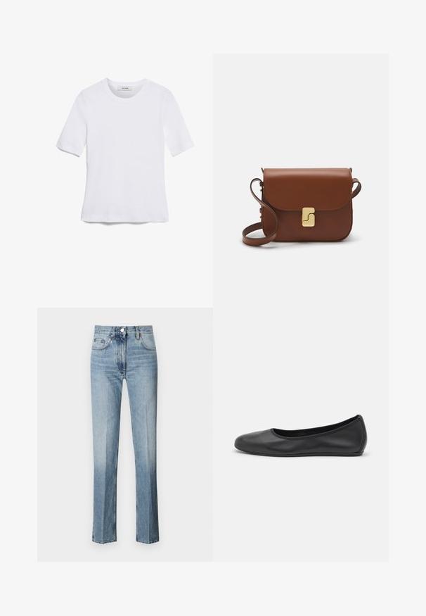 Balta trumpa rankovėmis marškinėliai, pagaminti iš pasiruošusio audinio. Apvali iškirptė, reguliari tinkamumas ir subtilūs siuvimo detalės. Be raštų ar grafikos.; Šviesiai mėlyni džinsai su aukštu liemeniu, tiesiomis kojomis ir subtiliu blukimu. Turintys mygtuko užsegimą ir klasikinį penkių kišenių dizainą.; Juodai odiniai baletai su apvaliu pirštu, lygi texture, minimalus siuvimo detales ir lanksčiu padų dizainu.; Ruda odinė rankinė su uždaromu dangteliu, aukso spalvos detalėmis, petneša ir lygiu paviršiumi. Kompaktiška stačiakampio formos.