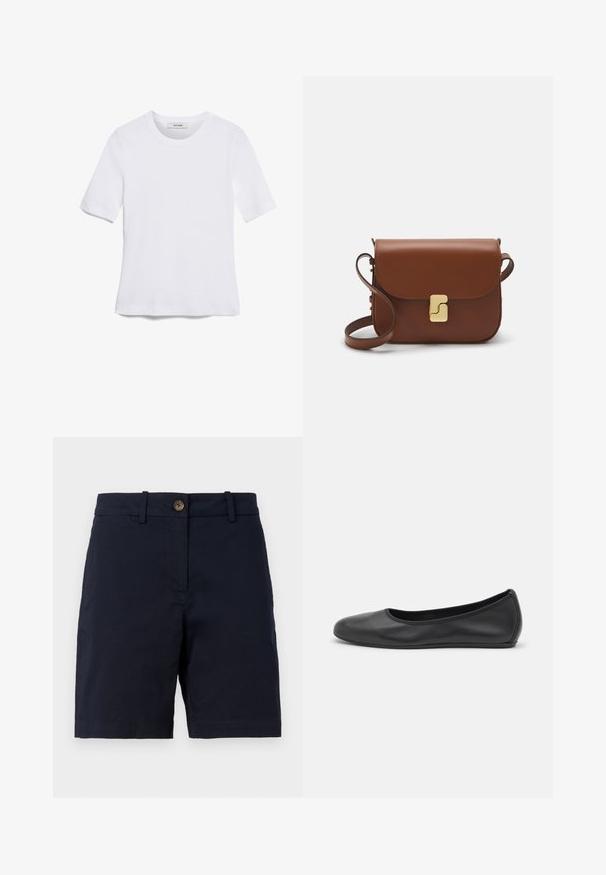 Camiseta de manga corta blanca hecha de tela de canalé. Cuello redondo, corte regular y detalles de costura sutiles. Sin patrones ni gráficos.; Pantalones cortos de color azul marino hechos de algodón, con cierre de botón, trabillas para cinturón y diseño de pierna recta. Textura suave sin patrones visibles.; Bailarina de piel negra con punta redondeada, textura suave, detalle de costura minimalista y diseño de suela flexible.; Bolso de mano de cuero marrón con cierre de solapa, herrajes en tono dorado, correa para el hombro y una textura suave. Forma rectangular compacta.
