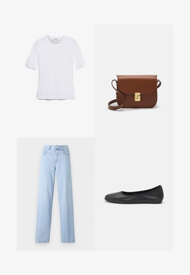 T-shirt de manga curta branca feita de tecido canelado. Decote redondo, ajuste regular e detalhes de costura subtis. Sem padrões ou gráficos.; Jeans de cintura alta, azul clara, com corte reto. Feitos de denim, apresentam cinco bolsos e um fecho frontal com botão. Design minimalista.; Bailarina preta em pele com bico arredondado, textura suave, detalhe de costura minimalista e design de sola flexível.; Bolsa de couro castanho com fecho de aba, decoração em tom dourado, alça de ombro e textura suave. Formato retangular compacto.