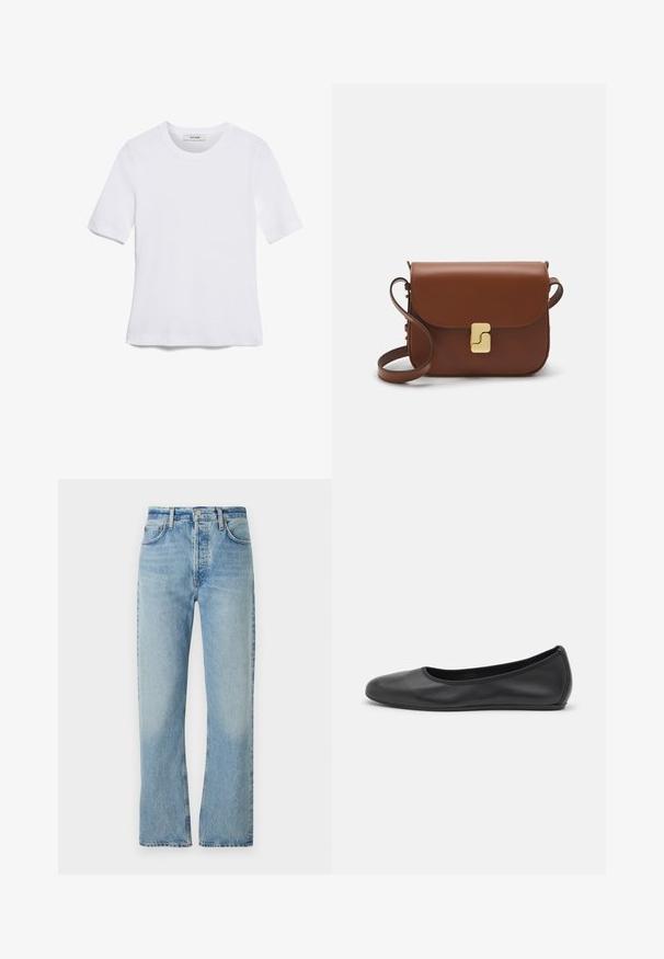Bílá tričko s krátkým rukávem vyrobené z žebrované tkaniny. Kulatý výstřih, normální střih a jemné detaily šití. Bez vzorů nebo grafik.; Světle modré džíny vyrobené z džínsoviny, se střihem rovné nohavice, vysokým pasem, poutky na opasek a klasickým pětibočním stylingem. Následné vyblednutí na látce.; Černé kožené baletní byty s kulatou špičkou, hladkou texturou, minimálními švy a flexibilním designem podrážky.; Hnědá kožená kabelka s klopou, zlatými kovovými detaily, ramenním popruhem a hladkým povrchem. Kompaktní obdélníkový tvar.