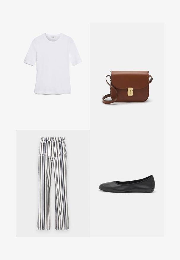 T-shirt bianca a maniche corte realizzata in tessuto a costine. Collo rotondo, vestibilità regolare e dettagli di cucitura sottili. Senza motivi o grafiche.; Pantaloni a righe in blu navy e bianco, con vita alta e gambe ampie, realizzati in un tessuto leggero con una texture liscia.; Pantofole da balletto nere in pelle con punta arrotondata, texture liscia, dettagli di cucitura minimi e design con suola flessibile.; Borsa a tracolla in pelle marrone con chiusura a pattina, hardware color oro, tracolla e una finitura liscia. Forma rettangolare compatta.