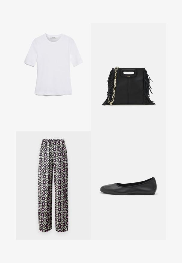 White short-sleeve t-shirt made of ribbed fabric. Round neckline, regular fit, and subtle stitching details. No patterns or graphics.; MAX&Co. RICHARD QUINN MAGGIE - Trousers - rosa geom/flower print; Black leather ballet flat with a rounded toe, smooth texture, minimal stitching detail, and a flexible sole design.; Black leather handbag with fringe details, gold chain shoulder strap, and a cut-out handle. Features logo placement on the front.