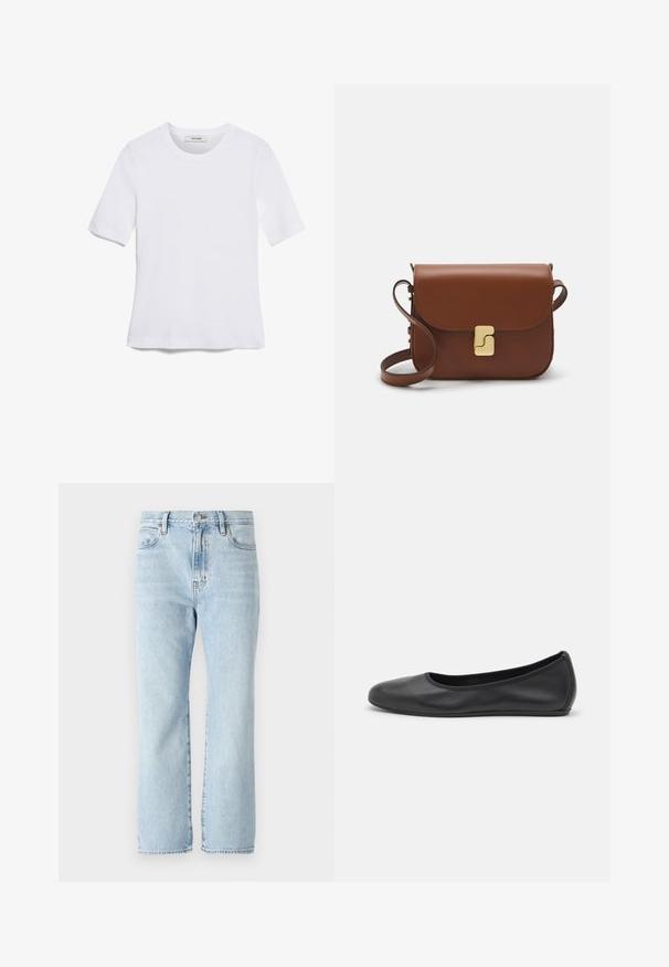 Camiseta de manga corta blanca hecha de tela de canalé. Cuello redondo, corte regular y detalles de costura sutiles. Sin patrones ni gráficos.; Jeans de mezclilla azul claro con un diseño de pierna recta, cintura a media altura, bolsillos frontales y detalles de dobladillo deshilachado. Estilo clásico de cinco bolsillos.; Bailarina de piel negra con punta redondeada, textura suave, detalle de costura minimalista y diseño de suela flexible.; Bolso de mano de cuero marrón con cierre de solapa, herrajes en tono dorado, correa para el hombro y una textura suave. Forma rectangular compacta.