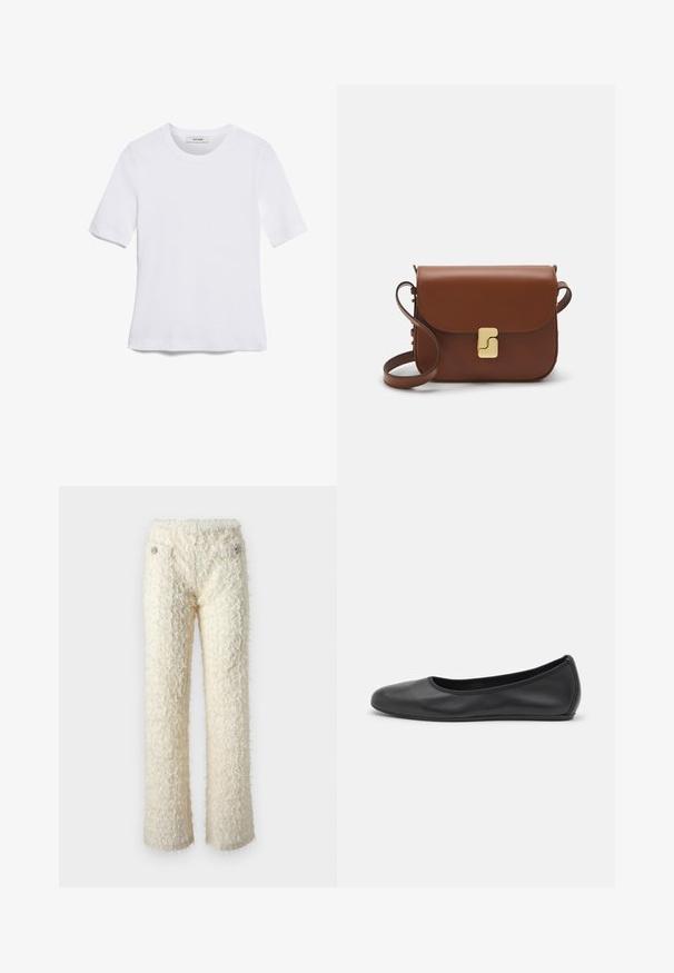 Balta trumpa rankovėmis marškinėliai, pagaminti iš pasiruošusio audinio. Apvali iškirptė, reguliari tinkamumas ir subtilūs siuvimo detalės. Be raštų ar grafikos.; Purūs, kreminiai kelnės su minkšta tekstūra, tiesiomis kojomis ir dekoratyviais sidabriniais mygtukais prie priekinio kišenės.; Juodai odiniai baletai su apvaliu pirštu, lygi texture, minimalus siuvimo detales ir lanksčiu padų dizainu.; Ruda odinė rankinė su uždaromu dangteliu, aukso spalvos detalėmis, petneša ir lygiu paviršiumi. Kompaktiška stačiakampio formos.