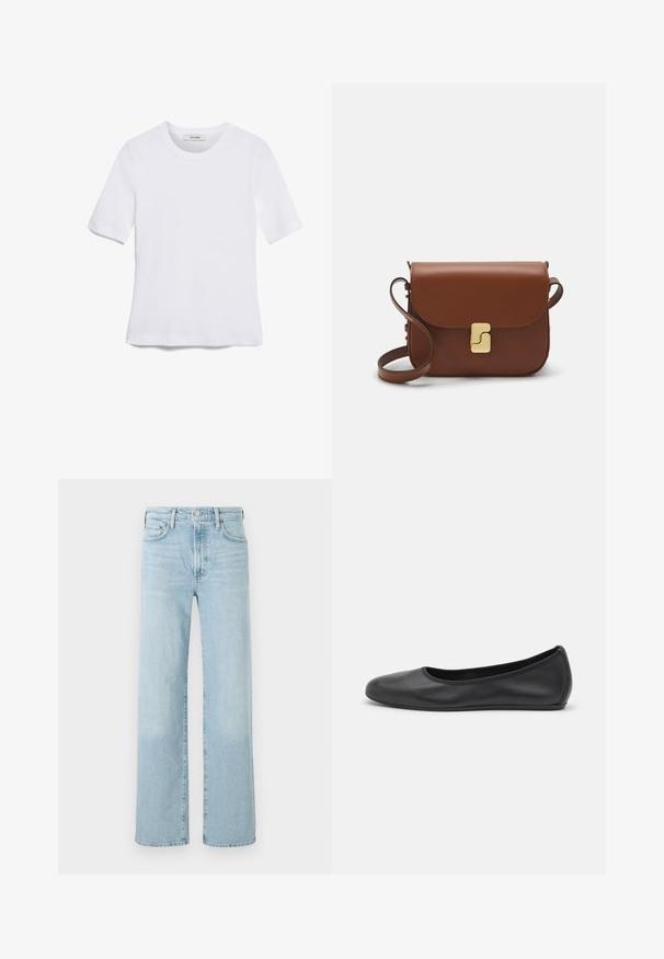Fehér, rövid ujjú póló ribbed anyagból. Kerek nyakkivágás, normál szabás és diszkrét varrási részletek. Nincsenek minták vagy grafikák.; Világoskék farmernadrág, egyenes szárú dizájnnal, gombos záródással, öt zsebbel, finom elhalványulásokkal az anyagon.; Fekete bőr balettcipő lekerekített orral, sima tekstúrával, minimális varrással és rugalmas talp kialakítással.; Barna bőr kézitáska, hajtókás zárással, arany színű fém kiegészítőkkel, vállpánttal és sima felülettel. Kompakt téglalap alakú.