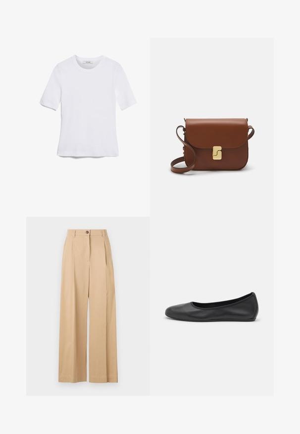 Valge lühikeste varrukatega T-särk ribatud kangast. Ümara kaelusega, tavalisest sobivusest ja peente õmbluse detailidega. Ilma mustrite või graafikateta.; Beige laiad sirge püksid, mis on valmistatud siledast kangast, millel on ees nuppude sulgemine, voldid ja kohandatud disain.; Musthave mustika tantsutossud mustast nahast, ümmarguse varbaga, siledast tekstuurist, minimaalse õmblusdetailiga ja paindliku tallakujundusega.; Pruunist nahast käekott, millel on klapiga sulgur, kuldne riistvara, õlarihm ja sile tekstuur. Kompaktne ristkülikukujuline vorm.