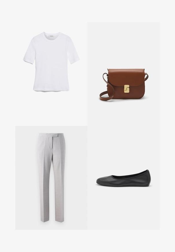 Balta īsām piedurknēm T-krekls, izgatavots no ribota auduma. Apaļš izgriezums, regulāra piegriezuma un diskrēti šuvumu detaļas. Bez printiem vai grafikām.; Gai pelēki piegriezti bikses, kas izgatavotas no smalkas struktūras auduma, ar plakanu priekšu, krokām un taisnu kāju dizainu. Sēž pie jostas.; Melna ādas baleta kurpe ar noapaļotu purngalu, gludu tekstūru, minimālu šuvju detalizāciju un elastīgu zoles dizainu.; Bordo ādas rokas soma ar atloku, zeltītām detaļām, plecu siksnu un gludu virsmu. Kompakta, taisnstūrveida forma.