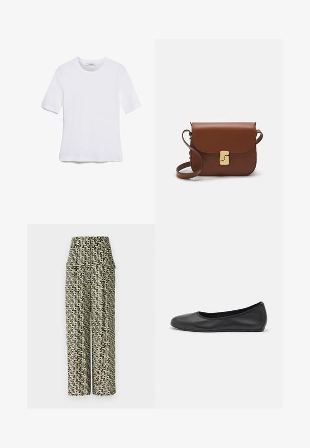 Bílá tričko s krátkým rukávem vyrobené z žebrované tkaniny. Kulatý výstřih, normální střih a jemné detaily šití. Bez vzorů nebo grafik.; Diane von Furstenberg BELLINI PANTS - Kalhoty - green; Černé kožené baletní byty s kulatou špičkou, hladkou texturou, minimálními švy a flexibilním designem podrážky.; Hnědá kožená kabelka s klopou, zlatými kovovými detaily, ramenním popruhem a hladkým povrchem. Kompaktní obdélníkový tvar.