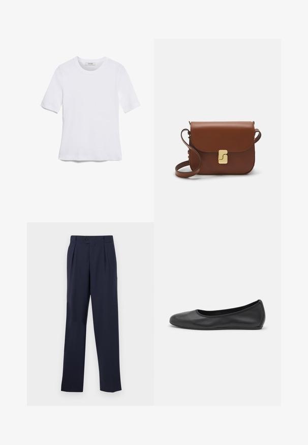 White short-sleeve t-shirt made of ribbed fabric. Round neckline, regular fit, and subtle stitching details. No patterns or graphics.; Navy blue tailored trousers with a straight leg, featuring a button closure, pleats at the front, and a smooth texture.; Black leather ballet flat with a rounded toe, smooth texture, minimal stitching detail, and a flexible sole design.; Brown leather handbag with a flap closure, gold-tone hardware, a shoulder strap, and a smooth texture. Compact rectangular shape.