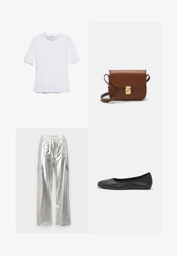 White short-sleeve t-shirt made of ribbed fabric. Round neckline, regular fit, and subtle stitching details. No patterns or graphics.; MCM METALLIC PANTS  - Cargo trousers - silver; Black leather ballet flat with a rounded toe, smooth texture, minimal stitching detail, and a flexible sole design.; Brown leather handbag with a flap closure, gold-tone hardware, a shoulder strap, and a smooth texture. Compact rectangular shape.