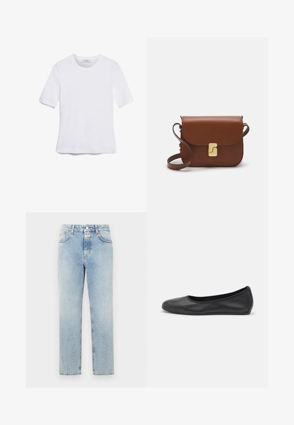 Balta īsām piedurknēm T-krekls, izgatavots no ribota auduma. Apaļš izgriezums, regulāra piegriezuma un diskrēti šuvumu detaļas. Bez printiem vai grafikām.; Gai zila džinsu bikses ar taisnas kājas dizainu, pieciem kabatām un varš rīku akcentiem. Iezīmējas ar izbalējušu tekstūru un izturīgu šuvumu.; Melna ādas baleta kurpe ar noapaļotu purngalu, gludu tekstūru, minimālu šuvju detalizāciju un elastīgu zoles dizainu.; Bordo ādas rokas soma ar atloku, zeltītām detaļām, plecu siksnu un gludu virsmu. Kompakta, taisnstūrveida forma.