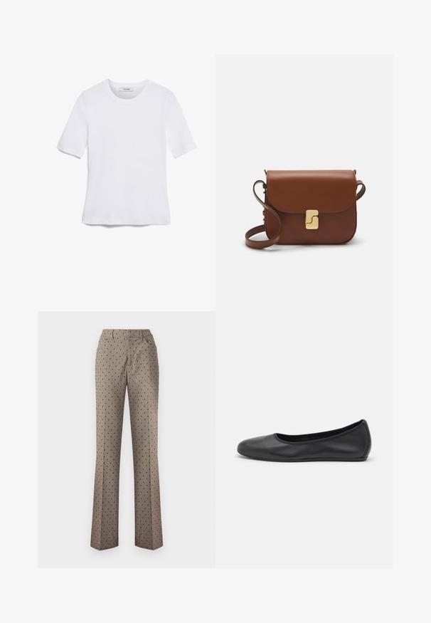 Valge lühikeste varrukatega T-särk ribatud kangast. Ümara kaelusega, tavalisest sobivusest ja peente õmbluse detailidega. Ilma mustrite või graafikateta.; Beige ruudulised püksid mustade täppidega, sirge jala disain, üks tagatasku ja vöökoht, valmistatud tekstuurilisest kootud kangast.; Musthave mustika tantsutossud mustast nahast, ümmarguse varbaga, siledast tekstuurist, minimaalse õmblusdetailiga ja paindliku tallakujundusega.; Pruunist nahast käekott, millel on klapiga sulgur, kuldne riistvara, õlarihm ja sile tekstuur. Kompaktne ristkülikukujuline vorm.