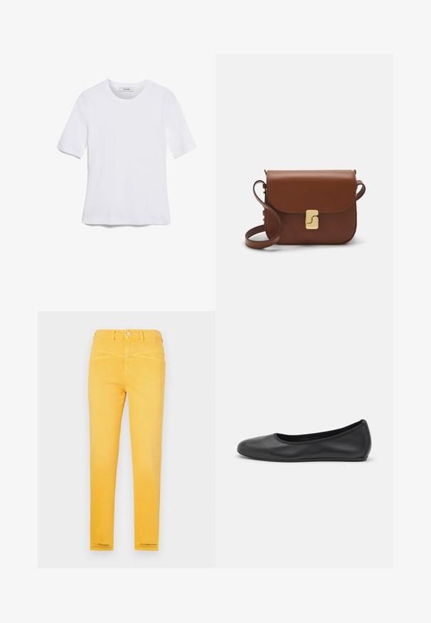 Bela kratka majica s kratkimi rokavi iz rebrastega materiala. Okrogla ovratnica, običajen kroj in subtilni šivi. Brez vzorcev ali grafik.; Rumene kavbojke iz denim materiala z oprijeto zasnovo, petimi žepi in gumbom za zapiranje. Gladka textura z šivi ob robovih.; Črne usnjene balerinke z zaobljenim nosom, gladko teksturo, minimalnimi šivi in fleksibilno zasnovo podplata.; Rjava usnjena torbica s poklopcem, zlato obarvani okovi, naramnica in gladka tekstura. Kompaktna pravokotna oblika.
