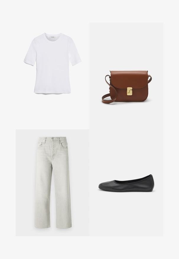 White short-sleeve t-shirt made of ribbed fabric. Round neckline, regular fit, and subtle stitching details. No patterns or graphics.; Light grey wide-leg jeans made of denim, featuring a high waist, front pockets, and a button and zipper closure.; Black leather ballet flat with a rounded toe, smooth texture, minimal stitching detail, and a flexible sole design.; Brown leather handbag with a flap closure, gold-tone hardware, a shoulder strap, and a smooth texture. Compact rectangular shape.