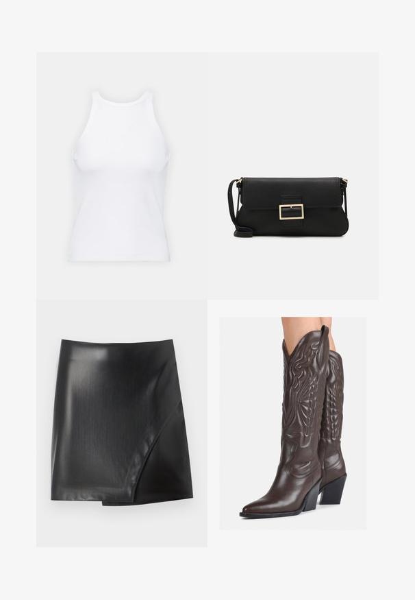 White sleeveless tank top made of ribbed fabric, featuring a rounded neckline and a fitted silhouette, with minimal seams and no embellishments.; Black faux leather mini skirt with a sleek, shiny finish, featuring a diagonal wrap design and clean edges. Smooth texture throughout.; Brown leather cowboy boots with pointed toe and block heel, featuring detailed stitching and raised accents on the shaft.; Black leather clutch bag with a flap and a gold metal buckle detail. Includes a black strap and a sleek, minimalist design.; Silver hoop earrings with a twisted design, featuring a polished finish and post-back closure. Measure approximately 3 cm in diameter.