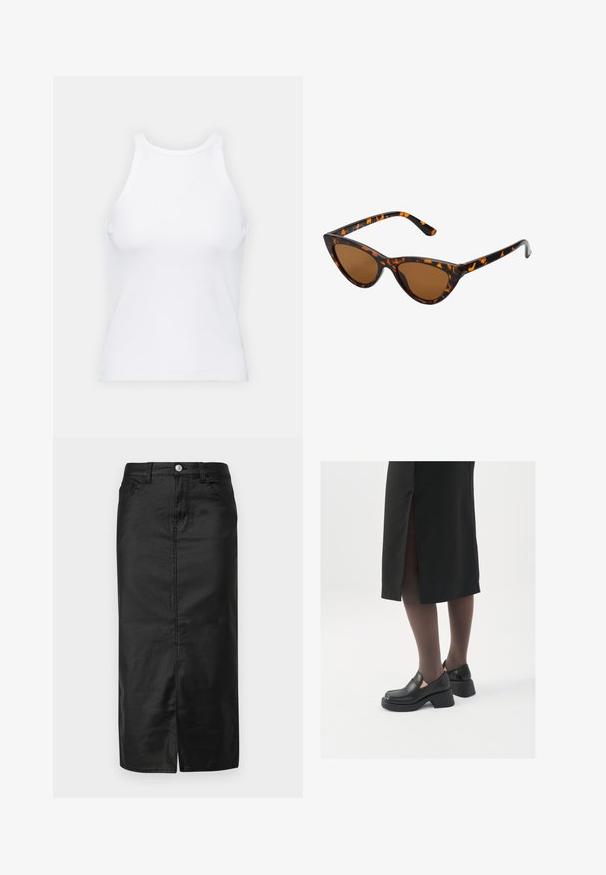 Fehér ujjatlan trikó ribbed anyagból, lekerekített nyakkivágással és testhez simuló siluettel, minimális varrásokkal és díszítések nélkül.; Fekete farmer midi szoknya elöl hasítékkal, öt zsebbel és fém gombos zárással. Sima textúra és klasszikus egyenes fazon.; Fekete bőr cipők lekerekített orral, vastag blokk sarkakkal és elasztikus oldalsó díszítésekkel, sötét harisnyával és hasítékkal ellátott fekete szoknyával párosítva.; Cica szemüveg fekete és narancssárga teknőc pánttal, barna lencsékkel és sima, hegyes végekkel. A templomán egy minimalista logó található.; Kis krémszínű táska texturált felülettel, hosszú, állítható pánttal, láncos díszítéssel és fedéllel záródik. Aranyszínű fém részletek.