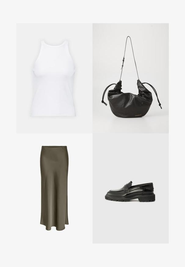 Bela brezrokavna majica iz rebraste tkanine, z zaobljenim izrezom in prilegajočim silhueto, z minimalnimi šivi in brez okraskov.; Dolga olivno zelena krila iz gladkega, sijočega materiala, z bočnim razporkom in mehkimi, tekočimi oblikami, ki se elegantno spuščajo.; Črne usnjene čeveljce brez vezalk z zaobljenim nosom, debelim teksturiranim podplatom in subtilnim šivom. Na zadnjem delu je majhna oznaka.; Črna mehka usnjena torba za ramo z nastavljivim tankim trakom, nabranimi stranicami, ki so zavezane v vozle, in majhnim zlatim logotipom na prednjem dnu desno.