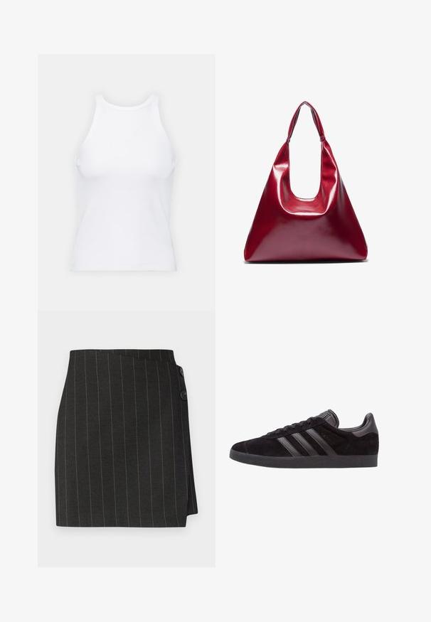 Valge ilma varrukateta T-särk, mis on valmistatud ribakangast, ümarate kaelustega ja kitseneva siluetiga, minimaalse õmbluste ning ilma kaunistusteta.; Mustrite sääreline seelik, mis on kohandatud sobivuse ja asymmeetrilise mähisdisainiga, kahel nööbil vööl sulgemiseks.; Mustad sametist jooksujalatseid tekstureeritud kummitaldadega, millel on kolm musta nahast triipu, ümar varvas ja pehmendatud pahkluuosa.; Punane läikiv nahast käekott kolmnurga kujuga, laia ülemise avaga ja ühe kõveriku käsitsemisega. Sile tekstuur, minimale stitching detailidega.