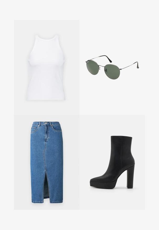 White sleeveless tank top made of ribbed fabric, featuring a rounded neckline and a fitted silhouette, with minimal seams and no embellishments.; Denim midi skirt in blue. Features a front slit, high waistband, and five-pocket design. Classic stitching and metal hardware accents.; Black ankle boot with a pointed toe, made of smooth leather. Features a chunky, high heel and a platform sole for added height.; Metal-framed sunglasses with oval green lenses. Thin silver metal frame and black ear tips. Minimalist design, no visible logos.
