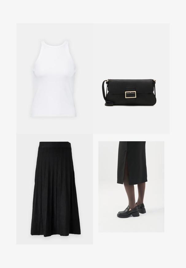 Valkoinen hihaton toppi, joka on valmistettu ribbikankaasta, ja jossa on pyöreä pääntie ja tiukka siluetti, minimaalisin saumoin ja ilman koristeita.; Mustat poimutetut hameet, jotka on valmistettu pehmeästä kankaasta. Hameessa on ribbireunus ja hulmuava muotoilu, joka ulottuu polveen.; Mustat nahkakengät pyöreällä kärjellä, paksulla lohkopohjalla ja joustavilla sivuakkesseilla, yhdistettynä tummiin sukkahousuihin ja mustaan hameeseen, jossa on halkio.; Musta nahkainen kynäpenkkilaukku, jossa on läppä ja kultainen metallinen solkiyksityiskohta. Mukana musta hihna ja tyylikäs, minimalistinen muotoilu.